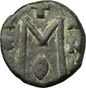 reverse: Theophilus (829-842).  AE Half Follis, Syracuse mint. Obv. [ΘEOFI] LOS bASI. Bust facing, wearing crown and chlamys, and holding globus cruciger. Rev. Large M between X/X/X and N/N/N; above, cross; beneath, Θ. Anastasi 549. Vecchi 4, 652. DOC 30. Spahr 432 (Follis). Sear 1681 (Follis). AE. g. 2.26  mm. 14.00  RR. Very rare. Green-brown patina.   VF. Cf. Vecchi, NVMMORVM AVCTIONES 4, lot 652:  See the note to DOC 30 p. 448, where although three is a wide range of weights in this series, they have all been treated as folles . However this example seems to be a fraction of a follis.