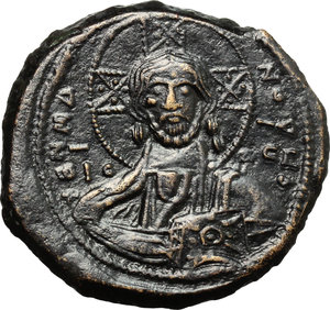 obverse: Basil II and Constantine VIII (976-1025).  AE Anonymous Follis, Constantinople mint. Obv. Facing bust of Christ Pantokrator. Rev. Legend in four lines; decoration above and below. D.O. Class A 2. Sear 1813. AE. g. 11.32  mm. 29.50    Good VF. Ex Naumann 60, lot 619.