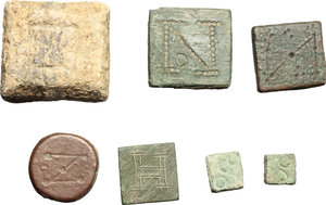 obverse: Commercial Weights.  Multiple lot of seven (7) unclassified weights: AE g. 0.78; AE g. 0.99; AE g. 1.34; AE g. 4.01; AE g. 4.07; AE g. 4.17; PB gr. 26.77.    AE/PB.      VF.