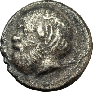 obverse: Sicily. Katane.   AR Litra (?), c. 415-404 BC. Obv. Bearded head of Silenos left, wearing ivy wreath. Rev. Winged thunderbolt flanked by shields. Cf. SNG ANS 1267. AR. g. 1.63  mm. 13.00   Exceptionally overweight flan and fine style. Old cabinet tone. VF/Good VF.