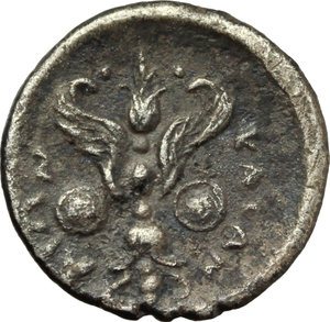 reverse: Sicily. Katane.   AR Litra (?), c. 415-404 BC. Obv. Bearded head of Silenos left, wearing ivy wreath. Rev. Winged thunderbolt flanked by shields. Cf. SNG ANS 1267. AR. g. 1.63  mm. 13.00   Exceptionally overweight flan and fine style. Old cabinet tone. VF/Good VF.