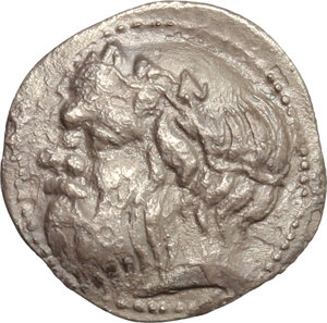 obverse: Sicily. Katane.   AR Litra, 415-404 BC. Obv. Bearded head of Silenos left, wearing ivy wreath. Rev. Winged thunderbolt flanked by shields. SNG Cop. 182. AR. g. 0.62  mm. 12.50   Old cabinet tone. Good VF.