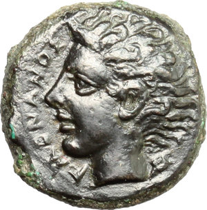 obverse: Sicily. Katane.   AE Tetras, c. 405-402 BC. Obv. AMENANOΣ. Head of the river god Amenanos left, leaf behind. Rev. Winged thunderbolt; in field, K-A; around three pellets (two off flan). CNS 1. SNG ANS 1272. AE. g. 2.08  mm. 12.50   A superb example. Glossy blackish-green patina. EF/About EF.