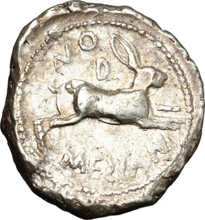 reverse: Sicily. Messana.   AR Tetradrachm, circa 455-451 BC. Obv. Charioteer driving slow biga of mules right; above, Nike flying right, crowning mules with wreath; leaf with fruit in exergue. Rev. MESSANION. Hare springing right, D above. SNG ANS 335 var. SNG Cop. 394 var. AR. g. 17.32  mm. 28.00  R.  Good VF.