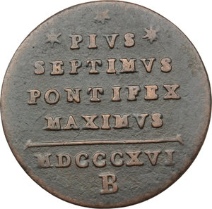 reverse: Bologna. Pio VII (1814-1823). Quattrino 1816 A. XVI.     AE.   mm. 20.00  R.  BB.