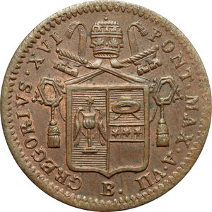 obverse: Bologna. Gregorio XVI (1831-1846). Mezzo baiocco 1837 A. VII.    Pag. 217. CU.   mm. 23.00    SPL+. Rame rosso.
