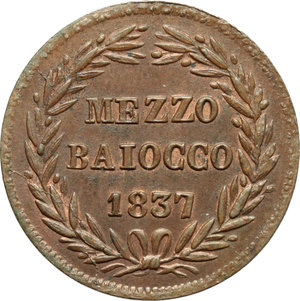 reverse: Bologna. Gregorio XVI (1831-1846). Mezzo baiocco 1837 A. VII.    Pag. 217. CU.   mm. 23.00    SPL+. Rame rosso.