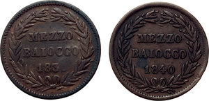 reverse: Bologna. Gregorio XVI (1831-1846). Lotto di due mezzi baiocchi 1836 e 1840.     AE.      qBB/BB.