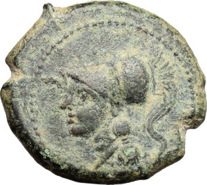 obverse: Italy. Samnium, Southern Latium and Northern Campania, Cales.   AE 21 mm. c. 265-240 BC. Obv. Helmeted head of Athena left. Rev. Cock standing right; before, CALENO; star to upper left. HN Italy 435. AE. g. 7.13  mm. 21.00   Full weight and broad flan. Earthen dark-green patina. VF.