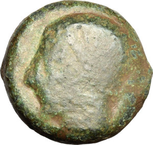 obverse: Sicily. Selinos.   AE Cast Tetras, c. 435-415 BC. Obv. Head of river god left. Rev. Selinon leaf; around, three pellets. CNS 6. SNG Cop-. SNG ANS-. AE. g. 9.24  mm. 19.00  R. Rare. Green patina. F/Good VF.