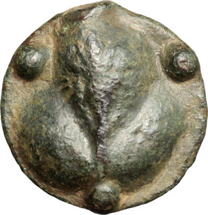 reverse: Sicily. Selinos.   AE Cast Tetras, c. 435-415 BC. Obv. Head of river god left. Rev. Selinon leaf; around, three pellets. CNS 6. SNG Cop-. SNG ANS-. AE. g. 9.24  mm. 19.00  R. Rare. Green patina. F/Good VF.
