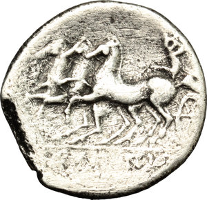 reverse: Italy. Samnium, Southern Latium and Northern Campania, Teanum Sidicinum.   AR Didrachm, c. 265-240 BC. Obv. Head of young Herakles right. Rev. Victory with whip driving triga left; ethnic in Oscan characters in exergue. HN Italy 452. SNG ANS 614-15. AR. g. 5.80  mm. 22.00  RR. Very rare. About VF.