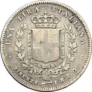 reverse: Re Eletto. Vittorio Emanuele II  (1859-1861). Lira 1860, mano con scettro.    Pag. 440. Mont. 116. AG.    RR.  qBB-BB.