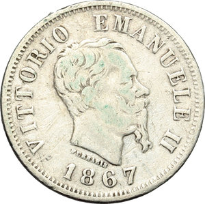 obverse: Regno di Italia. Vittorio Emanuele II  (1861-1878). 50 centesimi 1867 Torino.    Pag. 533. Mont. 220. AG.     Colpetto sul ciglio al R/ MB+/BB.