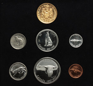 reverse: Canada.   Proof Set with 7 coins, including gold 20 dollars (AU 900, 18.28g), 1967.         In original black box. UNC.