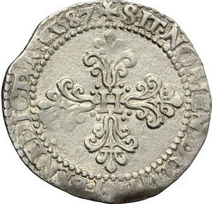 reverse: France. Henri III de Navarre, II de Béarn (1572-1589).  1/2 Franc 1587 A.    AG. g. 6.98  mm. 29.00    About VF.