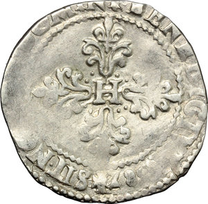 reverse: France. Henri III de Navarre, II de Béarn (1572-1589).  1/2 Franc 1587.    AG. g. 7.05  mm. 28.00    About VF.