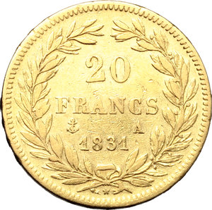 reverse: France. Luis Philippe (1830-1848).  20 francs 1831 A.   Fr. 553a. AU.   mm. 21.00    VF.