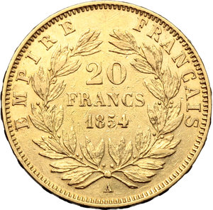 reverse: France. Napoleon III (1852- 1870).  20 francs 1854 A.   Fr. 573. AU.   mm. 21.00    About EF/EF.