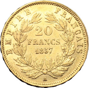 reverse: France. Napoleon III (1852- 1870).  20 francs 1857 A.   Fr. 573. AU.   mm. 21.00    EF.
