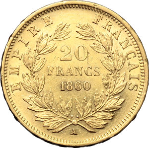 reverse: France. Napoleon III (1852- 1870).  20 francs 1860 A.   Fr. 573. AU.   mm. 21.00    EF/About FDC.