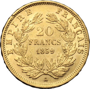 reverse: France. Napoleon III (1852- 1870).  20 francs 1859 A.   Fr. 573. AU.   mm. 21.00    EF/About FDC.