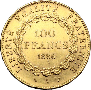 reverse: France. Third republic (1871-1940).  100 francs 1886.   Fr. 590. AU. g. 32.27  mm. 34.00    Good VF.