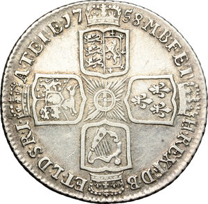 reverse: Great Britain. George II (1727-1760).  Shilling 1758.   ESC 1213. SCBC 3704. AG.