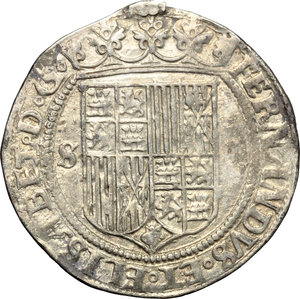 obverse: Spain. Ferdinand and Isabel (1476-1516).  2 reales, Seville mint.    AG. g. 6.76  mm. 31.00   Traces of mounting. About EF.