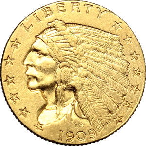 reverse: USA.   2,5 dollars 1909.   Fr. 120. AU. g. 4.18  mm. 17.00    Near EF.