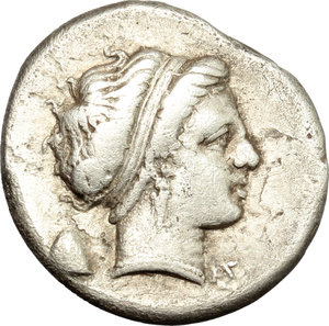 obverse: Italy. Central and Southern Campania, Neapolis.   AR Didrachm, c. 320-300 BC. Obv. Diademed head of nymph right, wearing earring and necklace; behind, pileos; below chin, Ι-Σ. Rev. Man-headed bull walking right, head facing; above, Nike flying right, crowning him; below, monogram; [in exergue ΝΕΟΠΟΛΙΤΗΣ]. HN Italy 571. SNG ANS 322-323. SNG Cop. 403. Sambon 449a. AR. g. 7.19  mm. 20.00   Well centred. Nice example. VF.