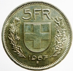 reverse: Monete Estere. Svizzera. 5 franchi 1967 B. AG. KM 40. qFDC.