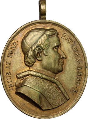 obverse: Pio IX  (1846-1878), Giovanni Mastai Ferretti. Medaglia Lega doganale tra Stato Pontificio e Regno di Sardegna, 29 ottobre 1847