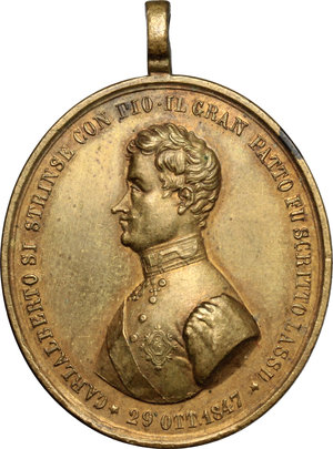 reverse: Pio IX  (1846-1878), Giovanni Mastai Ferretti. Medaglia Lega doganale tra Stato Pontificio e Regno di Sardegna, 29 ottobre 1847