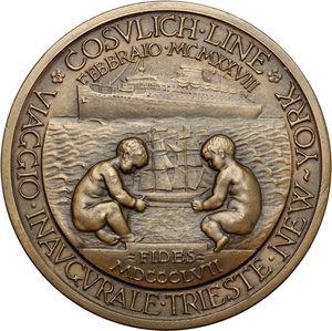 reverse: Medaglia per il viaggio inaugurale del transatlantico Saturnia della compagnia Cosulich-line per la rotta Trieste-Sud America (Rio de Janeiro- Buenos Aires). Datata Febbraio 1928