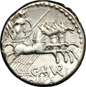 reverse: C. Aburius Geminus.. AR Denarius, 134 BC