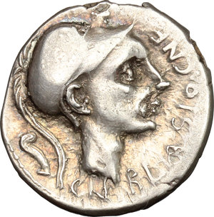 obverse: Cn. Blasio Cn. f.. AR Denarius, 112-111 BC
