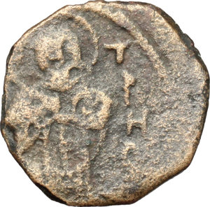 obverse: Bari.  Ruggero II, Duca Normanno (1105-1154). Follaro con San Demetrio e scritta pseudo cufica (1148) (?)