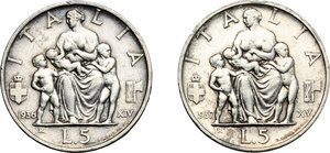 reverse: Vittorio Emanuele III (1900-1943). 5 lire 1936 e 1937