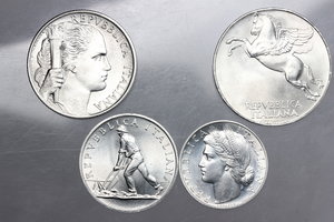 reverse: Serie 1950 (10 lire, 5 lire, 2 lire, lira)