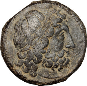 obverse: Uncertain mint, Syracuse (?).  Hieron II (274-216 BC).. AE Obol, imitating Ptolemy II Philadelphos, 285-246 BC