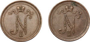 obverse: Finland. Lot of 2 AE 10 Penniä, Finland, Nicolaus II