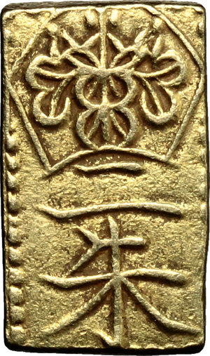 reverse: Japan.  Edo Period (1603-1868). Ni shu ban kin  (2 shu size  gold), 1832-1958. 14 x 8 mm