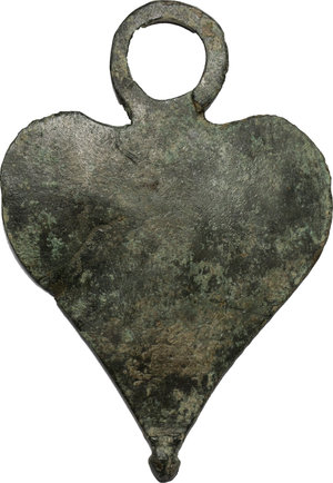 obverse: Massive bronze heart-shaped pendant.  Roman period, 1st-5th century.  85 x 60 mm