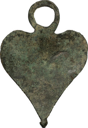 reverse: Massive bronze heart-shaped pendant.  Roman period, 1st-5th century.  85 x 60 mm