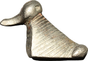 obverse: Silver decorative element in the shape of duck.  Celtic, Danubian Region, 2nd century BC - 1st century AD.  9 x 10 x 5 mm