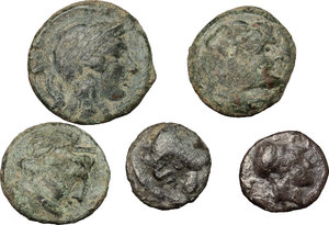 obverse: Greek Italy. Lot of 3 small AE and 2 small AR coins, including Metapont, Thurium