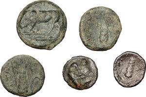 reverse: Greek Italy. Lot of 3 small AE and 2 small AR coins, including Metapont, Thurium