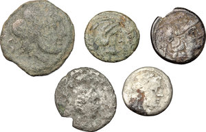 obverse: Roman Republic to Roman Empire. Lot of 3 AR and 2 small AE coins, including Semis, Quadrans, Victoriatus, Denarius, Antoninianus