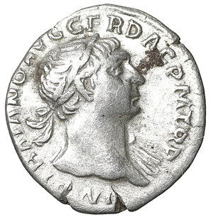 obverse: TRAJAN (98-117). Denarius. Rome. 3.15 gr. – 18.9 mm. O:\ IMP TRAIANO AVG GER DAC P M TR P. Laureate bust right, slight drapery on left shoulder. R:\ COS V P P S P Q R OPTIMO PRINC. Roma seated left holding spear and Victory on globe. RIC 116. VF\XF